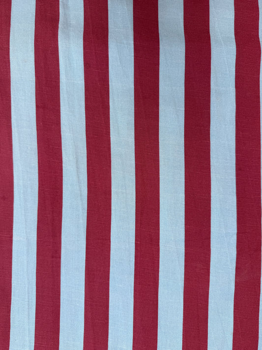 Maroon + Sea Glass Blue Striped Linen Fabric