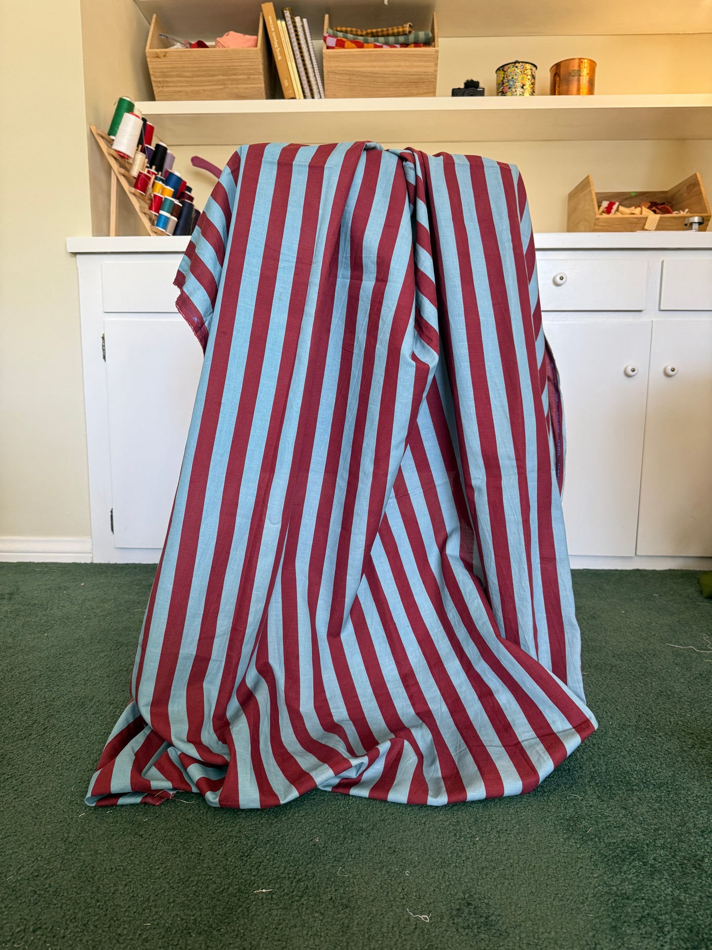 Maroon + Sea Glass Blue Striped Linen Fabric