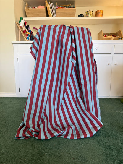 Maroon + Sea Glass Blue Striped Linen Fabric