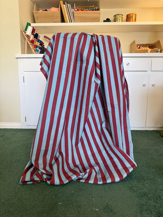 Maroon + Sea Glass Blue Striped Linen Fabric